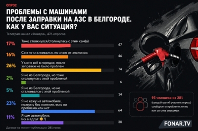 Каждый третий опрошенный «Фонарём» белгородский автомобилист рассказал о проблемах с машиной после заправки