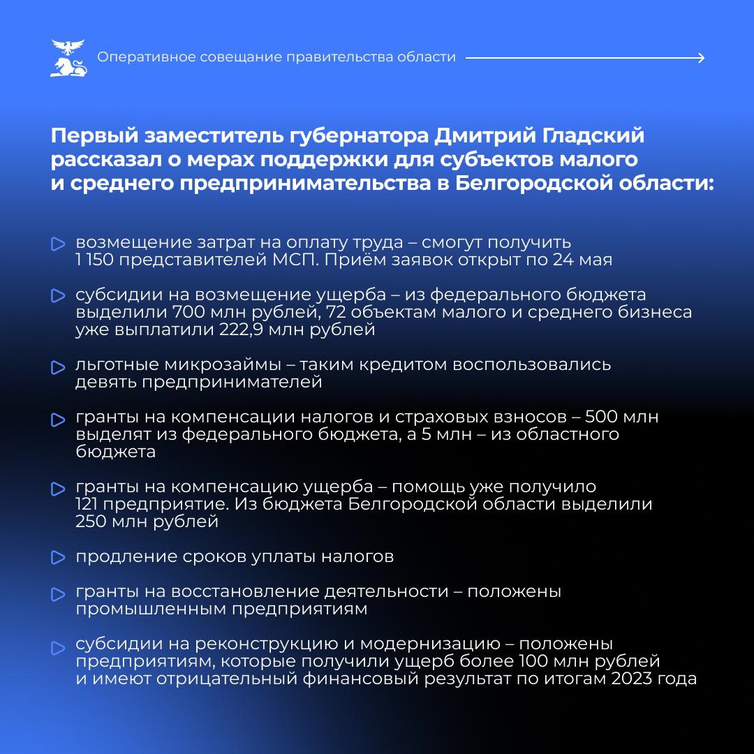 Правительство Белгородской области назвало меры поддержки для пострадавшего бизнеса